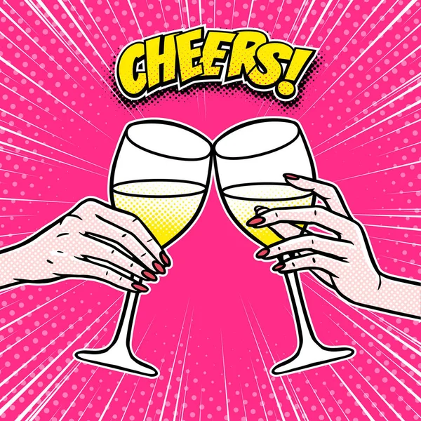 Cheers, girls drinking, hands with wine glasses, comic book pane — Stock Vector