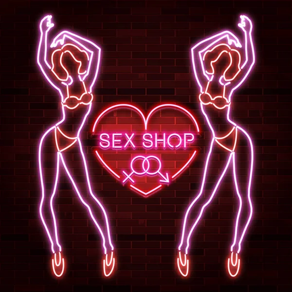 Sex shop banner advertisement with neon silhouette of sexy girl — Stock Vector