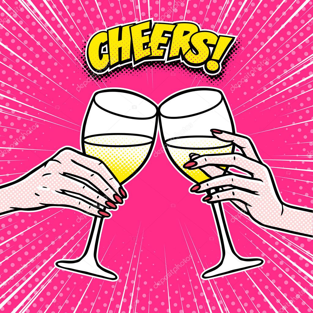 Cheers, girls drinking, hands with wine glasses, comic book pane
