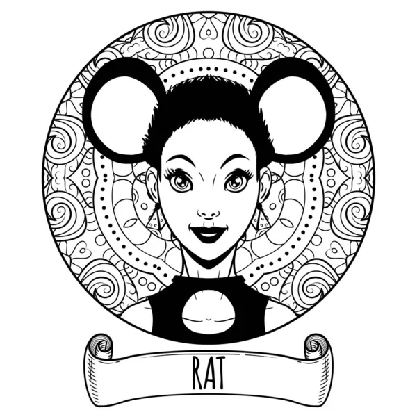 Rato chinês signo do zodíaco arte como menina bonita, cor adulta —  Vetores de Stock