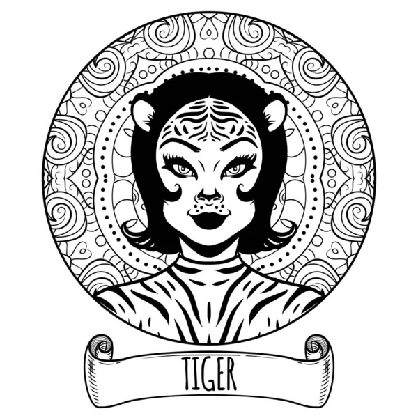 Tigre chino signo del zodiaco obras de arte como hermosa chica, color adulto — Vector de stock