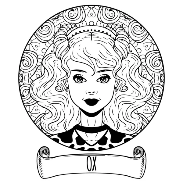 Buey chino signo del zodiaco obras de arte como hermosa chica, adulto para colorear — Vector de stock