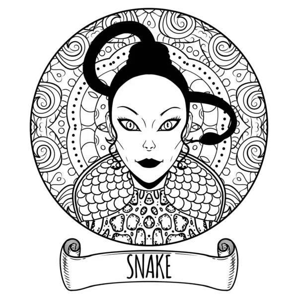 Snake chinês signo do zodíaco arte como menina bonita, cor adulta —  Vetores de Stock