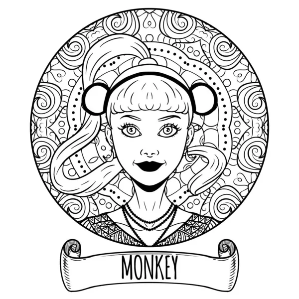 Monkey Chinese zodiac sign artwork as beautiful girl, adult colo — Stock Vector