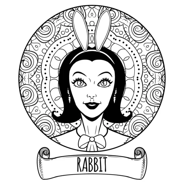 Кролик, китайський зодіак, зображає прекрасну дівчину, дорослий коло. — стоковий вектор