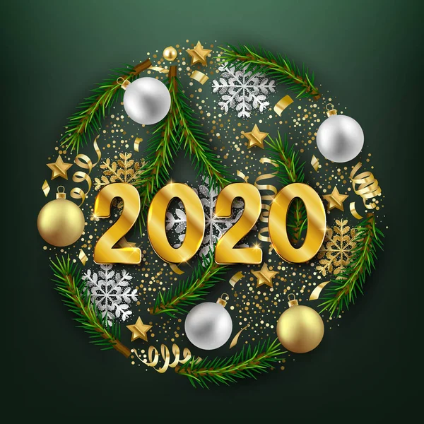 С Новым 2020 годом открытка, безделушки и елки — стоковый вектор