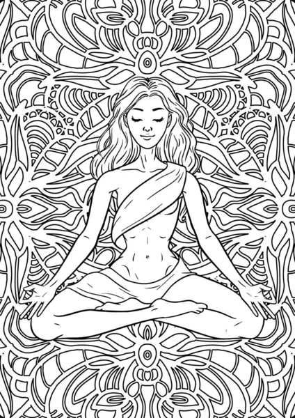 Молодая медитирующая женщина йога в позе лотоса на фоне мандалы . — стоковый вектор