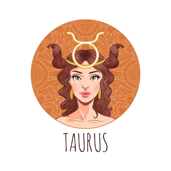 Taurus zodiac σημάδι γραφικό, όμορφο κορίτσι πρόσωπο, ωροσκόπιο Ταμβάκη — Διανυσματικό Αρχείο