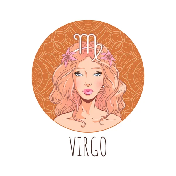 Vergine segno zodiacale opere d'arte, bella faccia ragazza, simbolo oroscopo — Vettoriale Stock