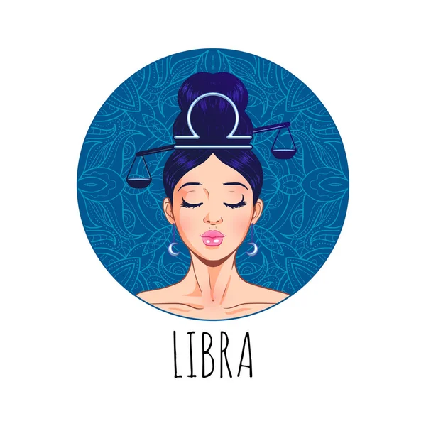 Libra zodiaku znak kompozycji, piękna dziewczyna twarz, symbol horoskop — Wektor stockowy