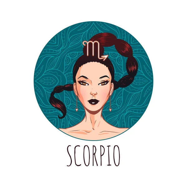 Scorpione segno zodiacale opere d'arte, bella faccia ragazza, oroscopo symb — Vettoriale Stock