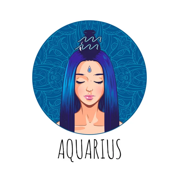 Aquarius zodiac sign artwork, beautiful girl face, horoscope sym — Stock Vector