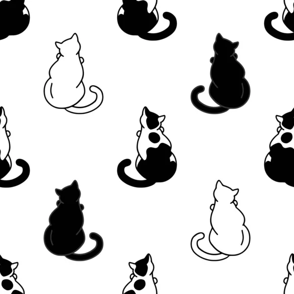 Απρόσκοπτη μοτίβο με χαριτωμένες ασπρόμαυρες γάτες. Υφή για λυγαριά — Διανυσματικό Αρχείο