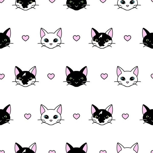 かわいい黒と白の猫の頭を持つシームレスなパターン。テクスチャ情報 — ストックベクタ