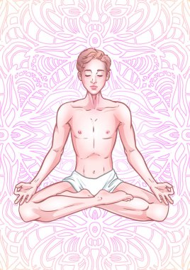 Lotus genç meditasyon yogi adam mandala arka plan üzerinde poz. V