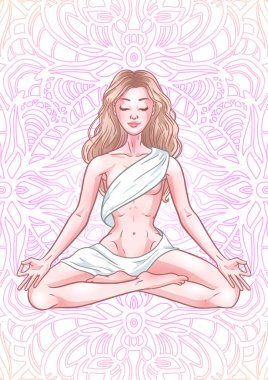 Lotus genç meditasyon yogi kadın mandala arka plan üzerinde poz.