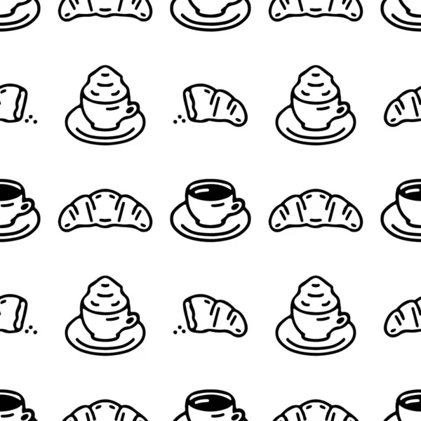 コーヒーカップやクロワッサンとシームレスなパターン。和のテクスチャ — ストックベクタ