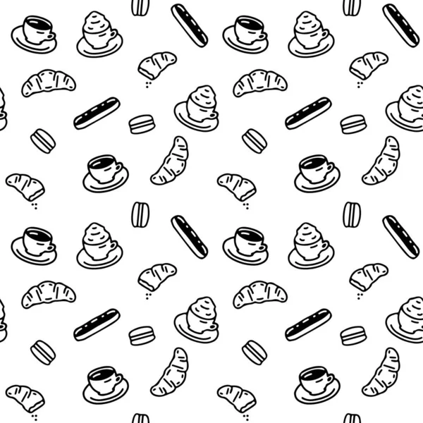 Patrón sin costuras con tazas de café y pasteles dulces. Textura para w — Vector de stock