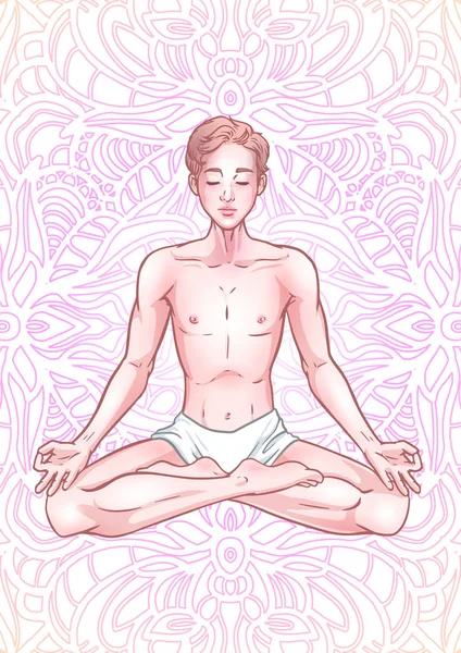 Joven hombre yogui meditando en pose de loto sobre fondo de mandala. V. — Vector de stock