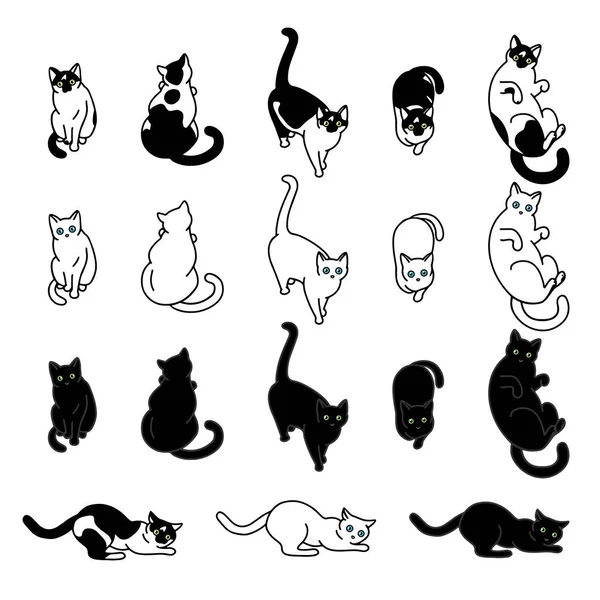 Şirin siyah beyaz kediler seti, komik hayvan koleksiyonu, vektör illu — Stok Vektör