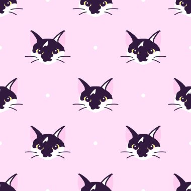 Şirin siyah beyaz kedi kafaları olan kusursuz bir desen. Doku için