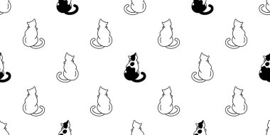 Sevimli siyah beyaz kedileri olan kusursuz bir desen. Duvar kağıtları, kırtasiye, kumaş, paket, web sayfası arkaplanı, vektör illüstrasyonu