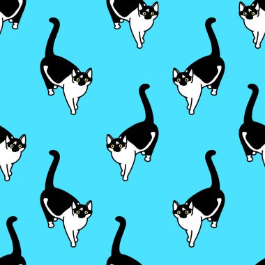 Sevimli siyah beyaz kedileri olan kusursuz bir desen. Duvar kağıtları, kırtasiye, kumaş, paket, web sayfası arkaplanı, vektör illüstrasyonu