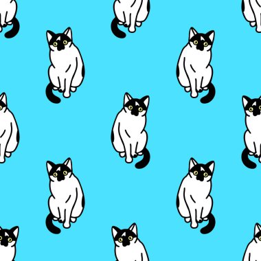 Sevimli siyah beyaz kedileri olan kusursuz bir desen. Duvar kağıtları, kırtasiye, kumaş, paket, web sayfası arkaplanı, vektör illüstrasyonu