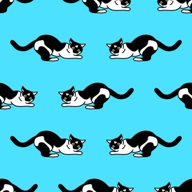 Sevimli siyah beyaz kedileri olan kusursuz bir desen. Duvar kağıtları, kırtasiye, kumaş, paket, web sayfası arkaplanı, vektör illüstrasyonu