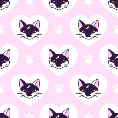 Şirin siyah beyaz kedi kafaları olan kusursuz bir desen. Duvar kağıtları, kırtasiye, kumaş, paket, web sayfası arkaplanı, vektör illüstrasyonu