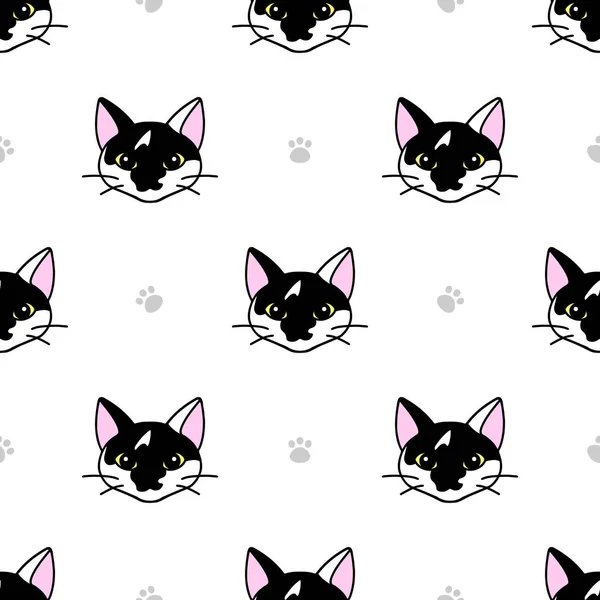 Seamless Pattern Cute Black White Cat Heads Texture Wallpapers Stationery — Stock Vector