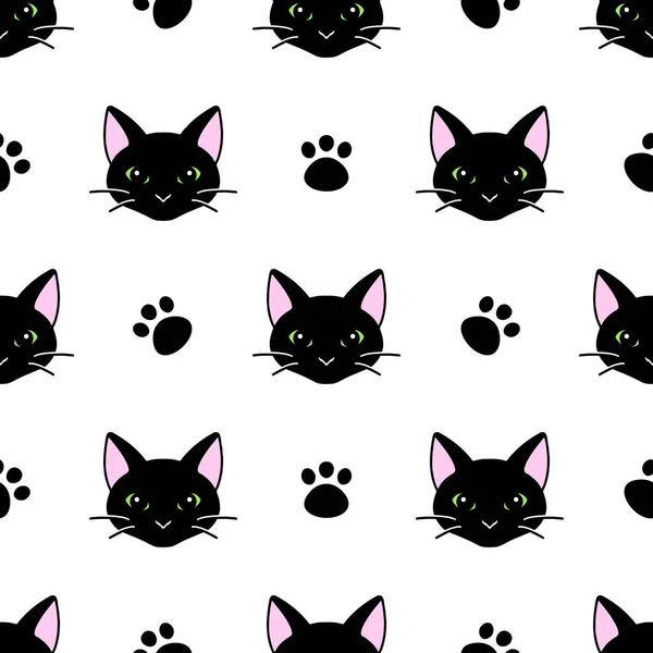 Seamless Pattern Cute Black White Cat Heads Texture Wallpapers Stationery — Stock Vector