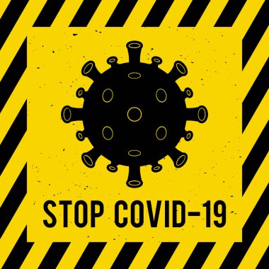 Covid-19 posterini durdurun. Coronavirus hücre ikonu, virüs salgını. Vektör illüstrasyonu