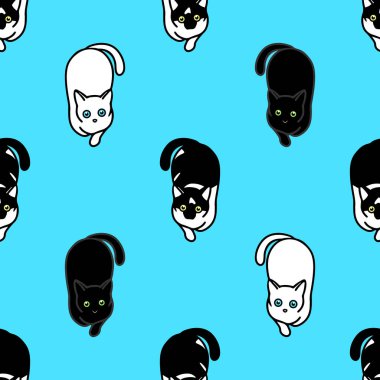 Sevimli siyah beyaz kedileri olan kusursuz bir desen. Duvar kağıtları, kırtasiye, kumaş, paket, web sayfası arkaplanı, vektör illüstrasyonu