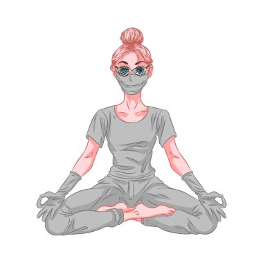 Maskeli ve eldivenli kadın, koronavirüs koruması, nilüfer çiçeği pozunda arabuluculuk. Vektör illüstrasyonu