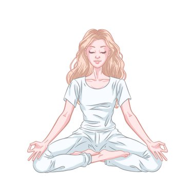 Nilüfer çiçekli genç meditasyon yapan kadın beyaz arka planda yalnız poz veriyor. Vektör illüstrasyonu