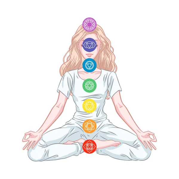 Seven Chakra System Human Body Infographic Meditating Yogi Woman Vector — Stock Vector