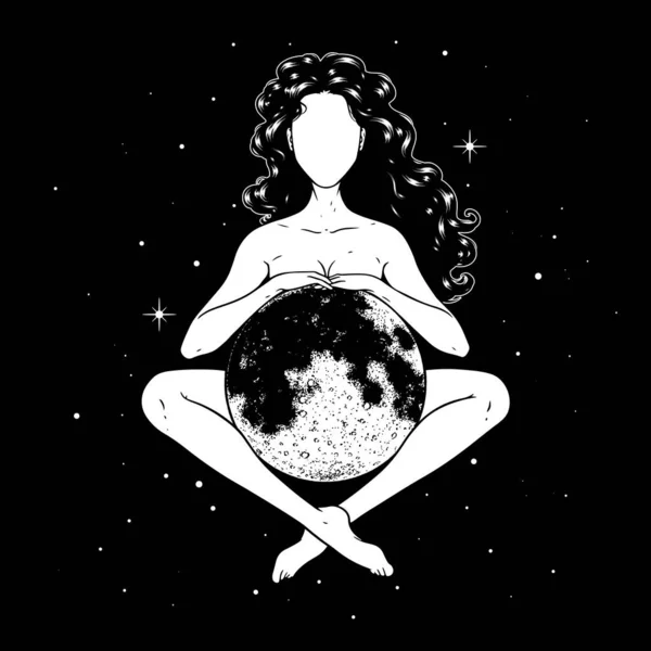 Hermosa Mujer Meditando Con Luna Llena Espacio Símbolo Diosa Ilustración — Vector de stock