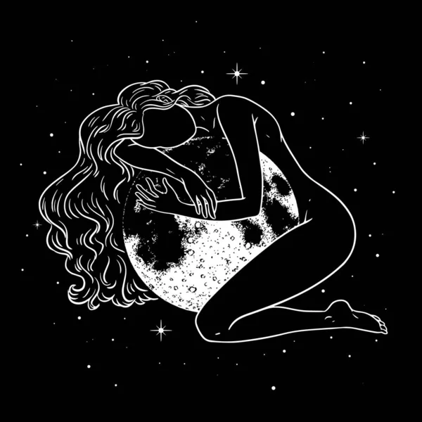 Hermosa Mujer Abrazando Luna Llena Espacio Tema Mágico Símbolo Diosa — Vector de stock
