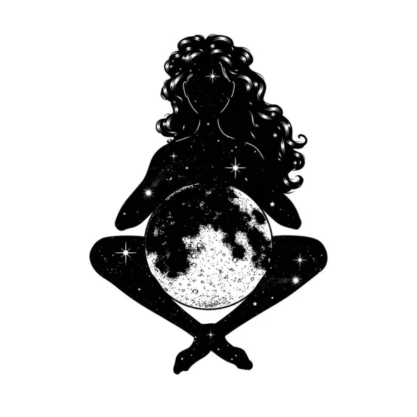 Vacker Kvinna Mediterar Med Fullmåne Gudinna Symbol Vektorillustration — Stock vektor