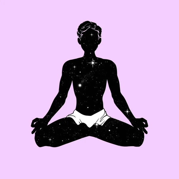 Mediterende Yogi Man Lotushouding Ruimte Met Sterren Esoterisch Beeldsymbool Vectorillustratie — Stockvector