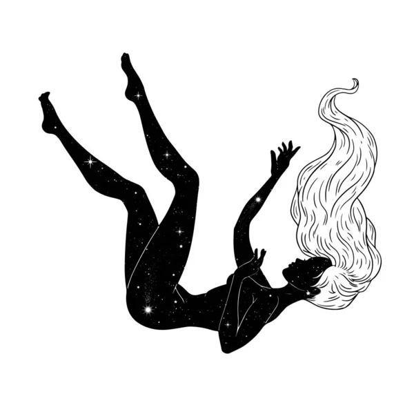 Belle Fille Flottant Dans Espace Fond Étoilé Thème Ésotérique Illustration — Image vectorielle