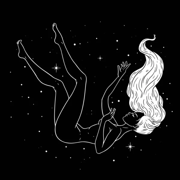 Hermosa Chica Flotando Por Espacio Estrellas Fondo Tema Esotérico Ilustración — Archivo Imágenes Vectoriales