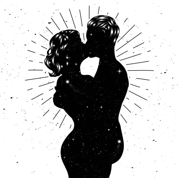 女人和男人亲吻 美丽的性感夫妇在空间背景的爱情 矢量说明 — 图库矢量图片