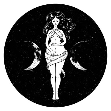 Güzel hamile kadın figürü, üçlü tanrıçanın sembolü, ay evreleri. Hekate, mitoloji, cadı, cadılık. Vektör illüstrasyonu