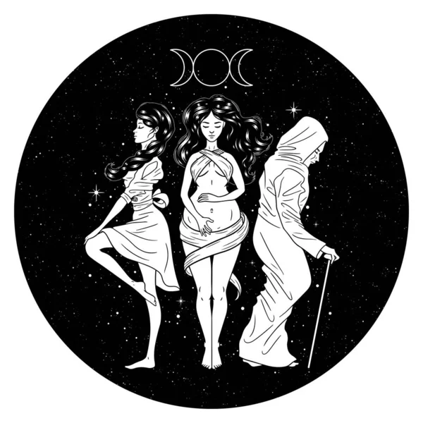 Three Women Figures Symbol Triple Goddess Maiden Mother Crone Moon — Stock Vector