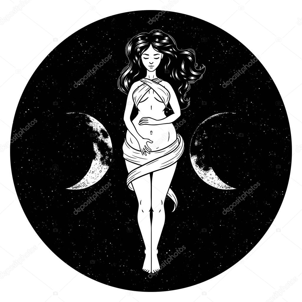Beautiful pregnant woman figure, symbol of triple goddess, moon phases. Hekate, mythology, wicca, witchcraft. Vector illustration