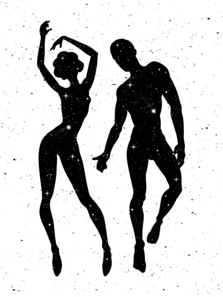 Belles Silhouettes Homme Femme Avec Des Étoiles Couple Sensuel Amoureux — Image vectorielle