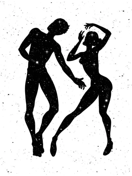 Beautiful Man Woman Silhouettes Stars Sensual Couple Love Vector Illustration — Stock Vector