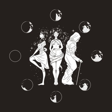 Üç kadın figürü, Üç Tanrıça 'nın sembolü Bakire, Anne ve Kocakarı, Ay evreleri. Hekate, mitoloji, cadı, cadılık. Vektör illüstrasyonu